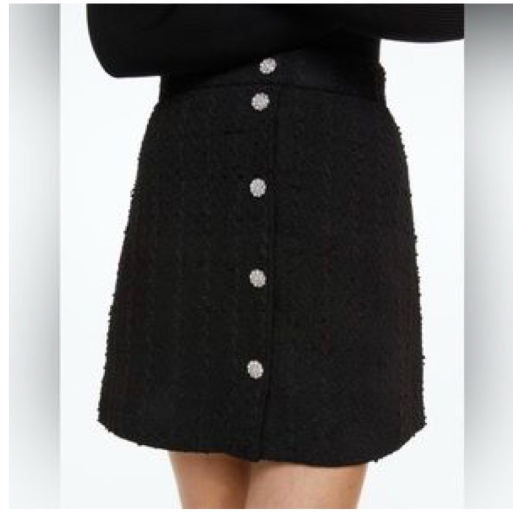 H&M black textured tweed crystal rhinestone button front mini skirt Sz 8